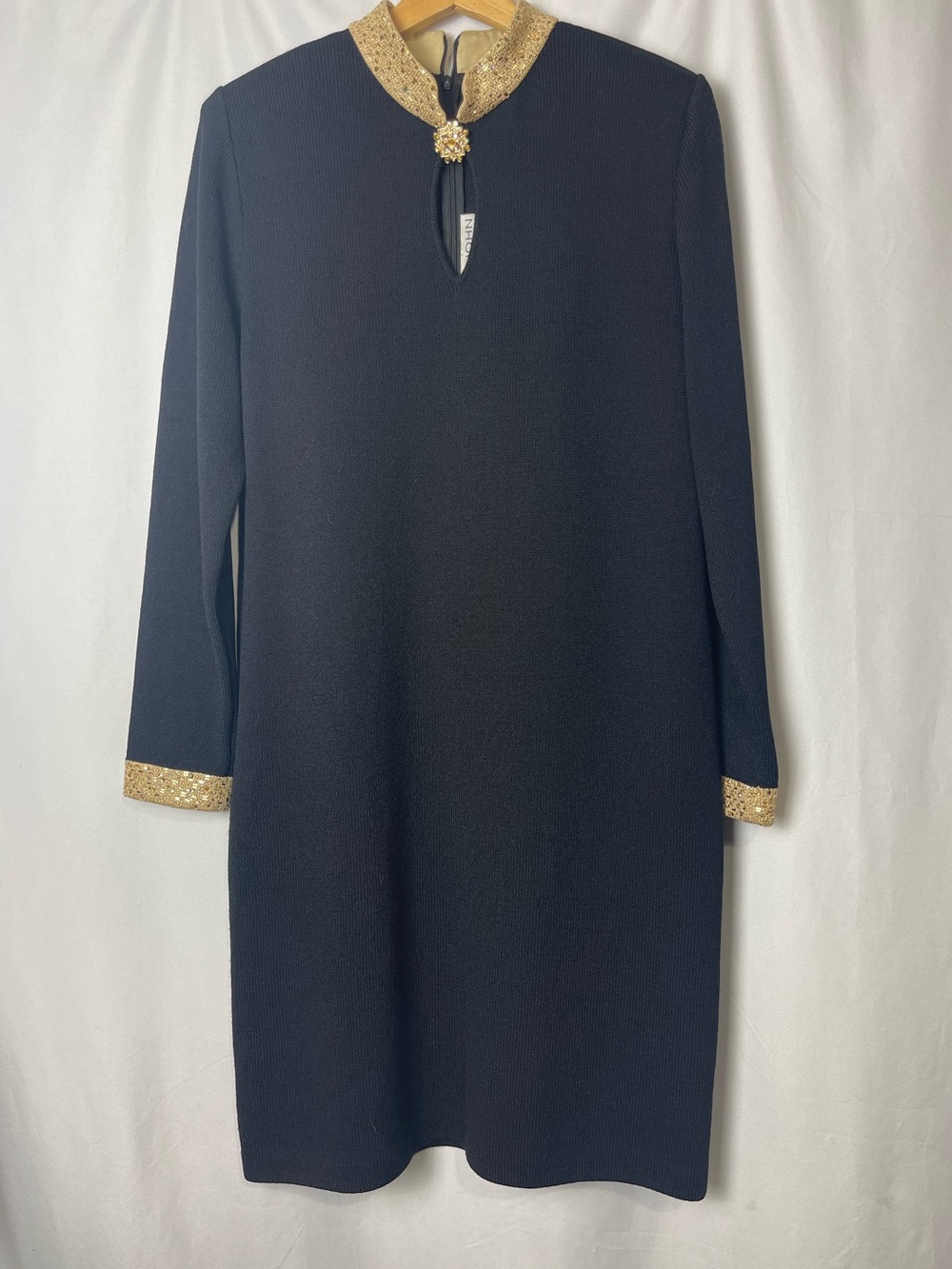 St. John Evening Black Dress Size 8 Gold Embellished Collar Cuffs Formal Midi